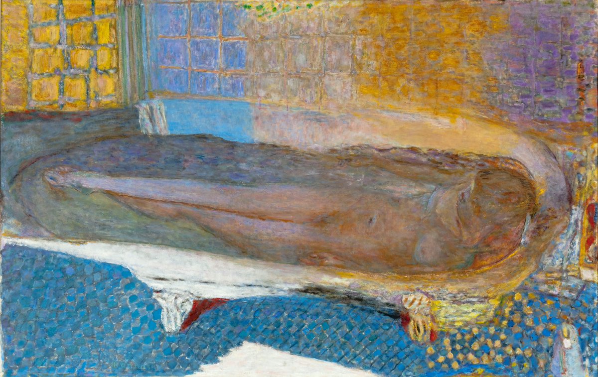 twinkletwink's tweet photo. I have long  loved the chromatic echoes and general iridescence in Pierre Bonnard's  painting Nu dans le bain (1936) ~ now on view at the Bonnard au Cannet  exhibition at Musée d’Art Moderne de Paris. Marthe's body seems to be dissolving into light and becoming viractualized. https://t.co/pvgFeJst3D