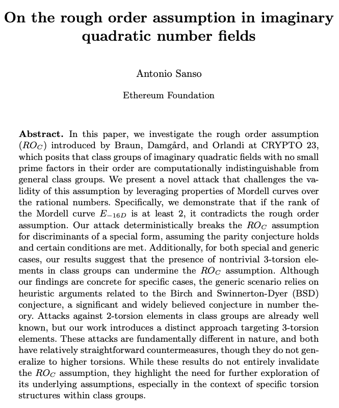 Seres István András (@istvan_a_seres) on Twitter photo Introducing new crypto assumptions is always tricky. Join us to learn about the rough order assumption from <a href="/asanso/">asanso.eth</a>!
Three Little Stories on 3-Torsion: A Journey Through Algebraic Insights in the 3-Torsion of Class Groups
⏰Dec 10th 10:15AM (CET)
🔗us06web.zoom.us/j/84919964904?… Introducing new crypto assumptions is always tricky. Join us to learn about the rough order assumption from <a href="/asanso/">asanso.eth</a>!
Three Little Stories on 3-Torsion: A Journey Through Algebraic Insights in the 3-Torsion of Class Groups
⏰Dec 10th 10:15AM (CET)
🔗us06web.zoom.us/j/84919964904?…