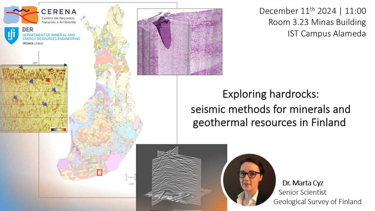 Second-last seminar of the year at CERENA and <a href="/DER_tecnico/">DER_Técnico</a> ! 🌍

Join Dr. Marta Cyz from <a href="/GTK_FI/">GTK</a> as she explores #SeismicMethods for mineral &amp; #Geothermal exploration in Finland's #HardRock environments.

📅 Dec 11, 2024 | 🕚 11:00 AM
📍 Room 3.23, Minas Building, Campus Alameda