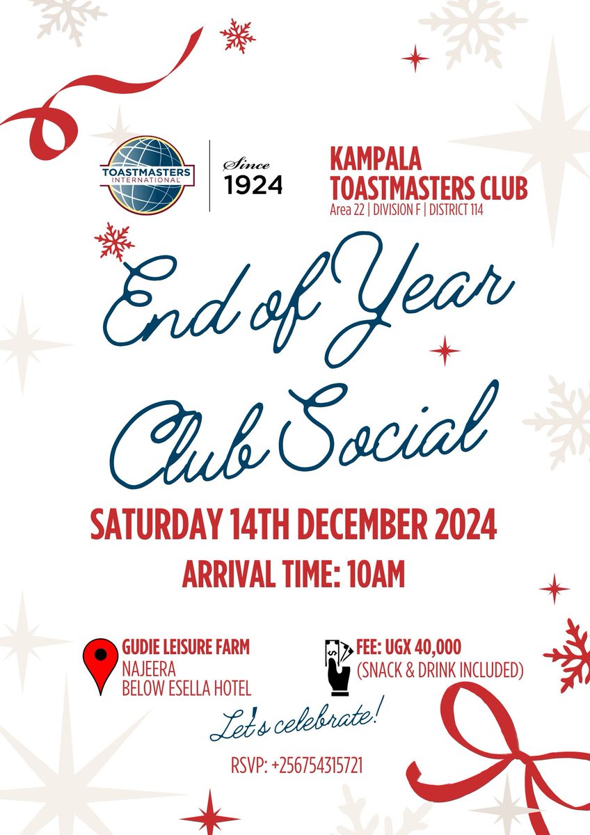 Let’s end the year with joy, adventure, and connection! 🌿 Kampala Toastmasters invites you to Gudie Leisure Farm for an 𝐎𝐮𝐭𝐝𝐨𝐨𝐫 𝐀𝐝𝐯𝐞𝐧𝐭𝐮𝐫𝐞 𝐢𝐧 𝐚 𝐅𝐚𝐫𝐦 𝐒𝐞𝐭𝐭𝐢𝐧𝐠. 🎉 Team-building games, laughter, and friendly competition await, led by Patricia Nanteza.