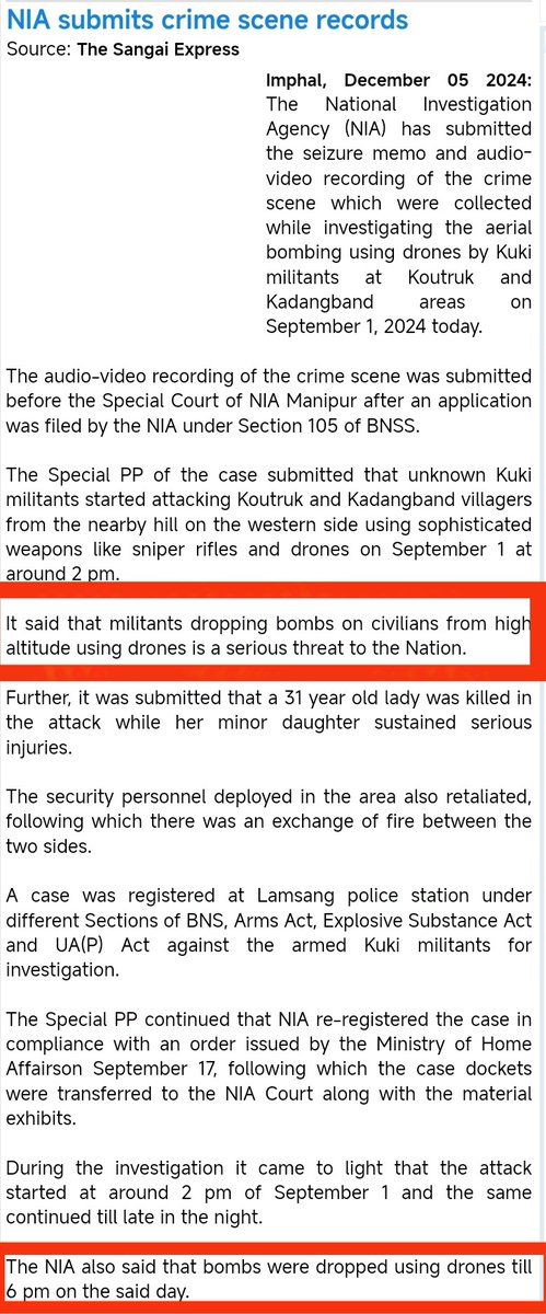 diana_warep's tweet photo. @NIA_India has confirmed that #KukiTerrorists used drones to carry out a bombing on the #Meitei village of #Koutruk on 1st September 2024.

Recently  @official_dgar and @LtGenPCN initially denied the use of drone bombs by #KukiTerrorists in Manipur. 

#GeneralUpendraDwivedi himself too denied the use of drone bombs in an interview with Palki Sharma. 

#KukiEngineeredManipurViolence
#KukiTerrorists carried out 
#DroneBombing at 
#Koutruk confirmed by 
#NIA_INDIA