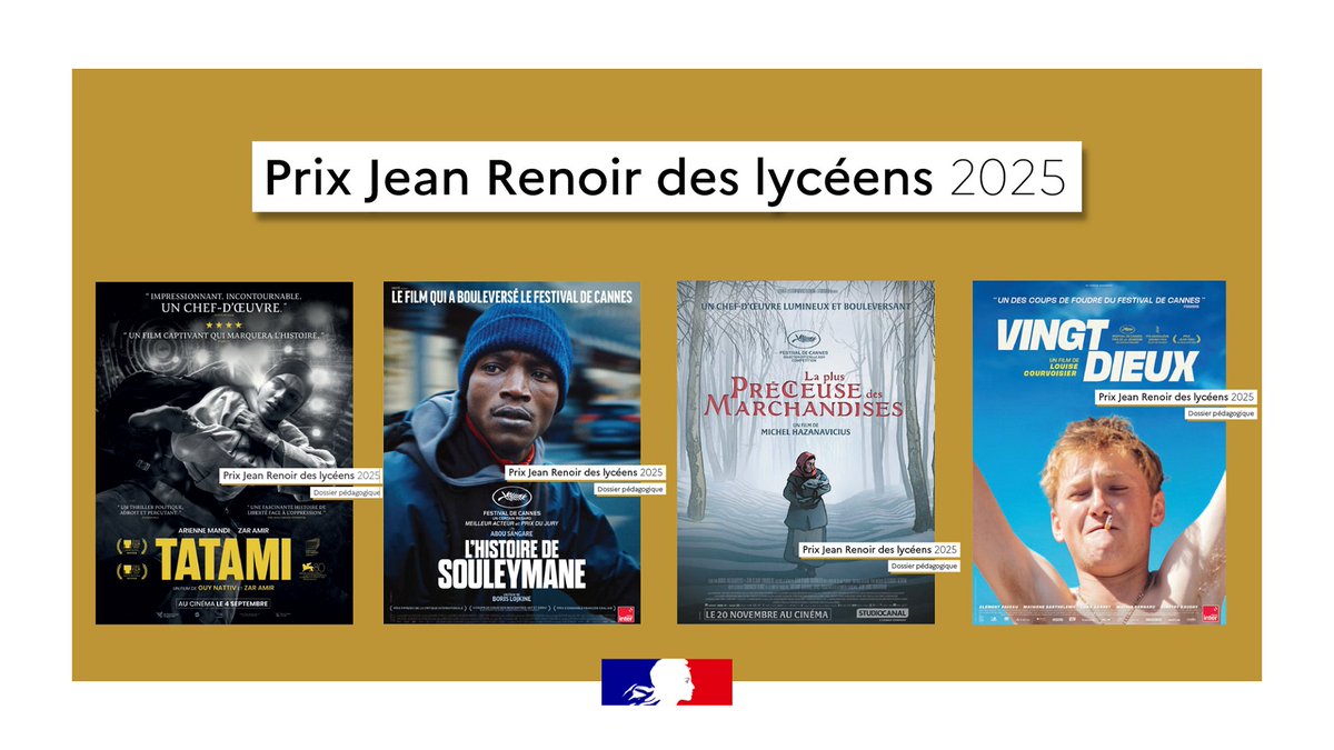 Les classes ont débuté le visionnage des premiers films sélectionnés pour le Prix Jean Renoir des lycéens.

Pour approfondir la découverte des œuvres et nourrir les débats entre les élèves, des dossiers pédagogiques accompagnent ces projections #PJRL
🎦 eduscol.education.fr/3397/prix-jean…