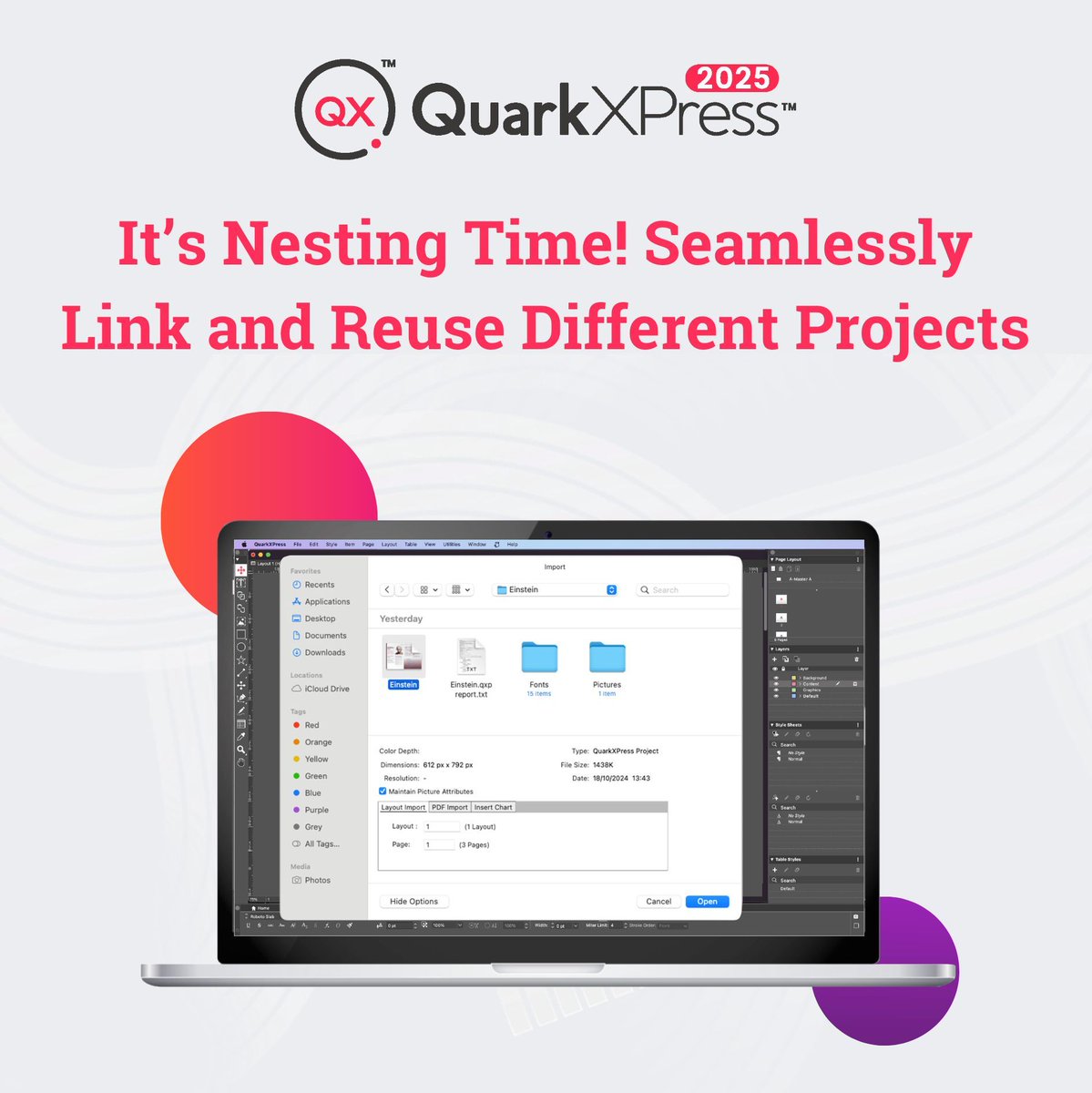 QuarkXPress's tweet image. Avoid duplication time by reusing and linking different QuarkXPress projects seamlessly in your current design layout 😍
Nested Projects makes working connectively across multiple projects super easy.
#QuarkXPress #DesignProjects #DesignLayouts #NestedProjects