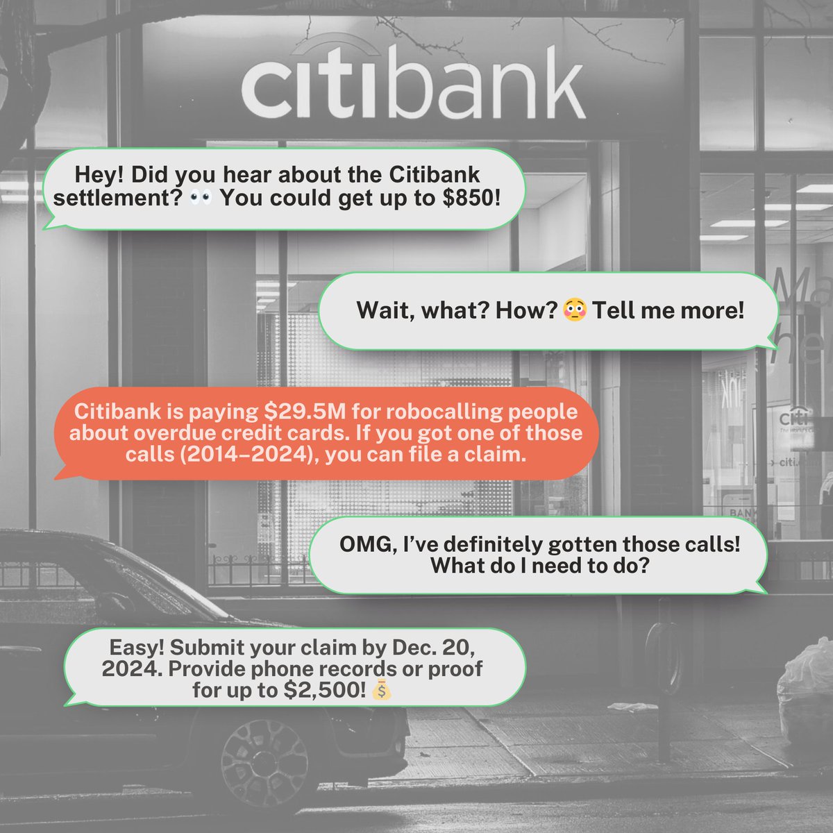 Did you receive robocalls from Citibank? 

Eligible individuals may receive between $350 and $850—or up to $2,500 with proof of multiple calls.

Deadline to file a claim: December 20, 2024

#ClassAction #Settlement #Citibank #Robocalls