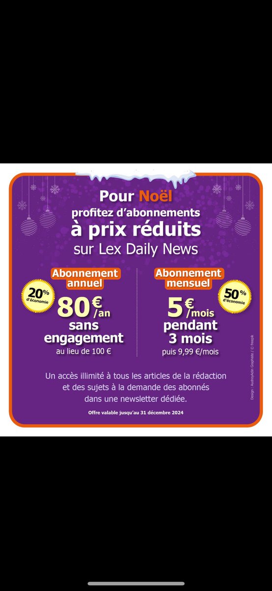 Delphine Iweins (@delphineiweins) on Twitter photo Chez <a href="/LexDailyNews/">Lex Daily News</a>, nous vous avons pensé des offres d'abonnements toutes douces pour la fin d'année. Franchement quoi de mieux que d'offrir un abonnement mensuel ou annuel à un media indépendant, pratique et sans pub ? C'est par ici que ça se passe 👉 lexdailynews.fr/abonnements/ Chez <a href="/LexDailyNews/">Lex Daily News</a>, nous vous avons pensé des offres d'abonnements toutes douces pour la fin d'année. Franchement quoi de mieux que d'offrir un abonnement mensuel ou annuel à un media indépendant, pratique et sans pub ? C'est par ici que ça se passe 👉 lexdailynews.fr/abonnements/