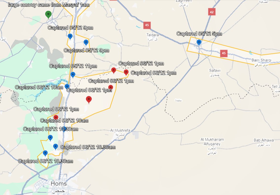 Permafr95699535's tweet photo. Updated map north of #Homs : villages are captured around the M5, no fight is reported so far. It seems #SyAA completely deserted everything north of Homs. https://t.co/pp0aWMsyTj