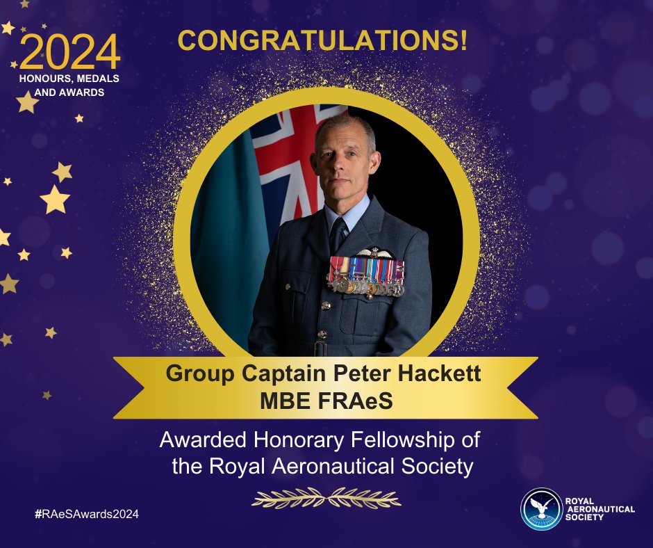 Congratulations to Group Captain Peter Hackett MBE FRAeS, Head of the RAF Rapid Capability Office Airborne Experimentation Unit, who is awarded Honorary Fellowship at the Royal Aeronautical Society.  
#RAeSAwards2024