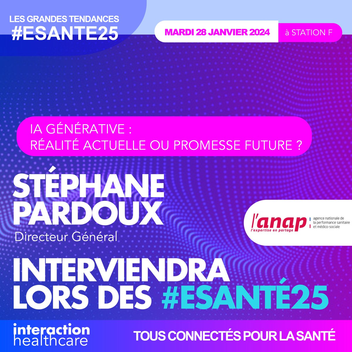 🚀  IA générative : réalité actuelle ou promesse future pour le secteur de la santé?

<a href="/pardouxstephane/">Pardoux</a>, DG de l’Anap, vous expliquera tout lors de l'événement de la grande tendance de la #Esanté25 le 28/01 à Station F 👀

Découvrez le programme 👇
esante-2025.interaction-healthcare.com/sessions