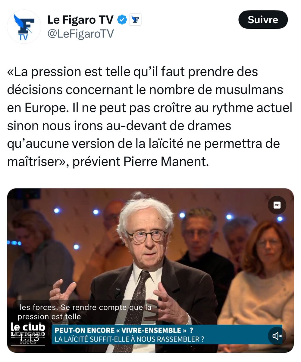 Tout ce qui est dit est grave et faux, y compris sur la laïcité
Cet homme censément attachée à la démocratie libérale,la renie,préférant la xénophobie via la théorie complotiste d’un «grand remplacement»,sans susciter la moindre réaction,si ce n’est l’approbation
Irresponsabilité