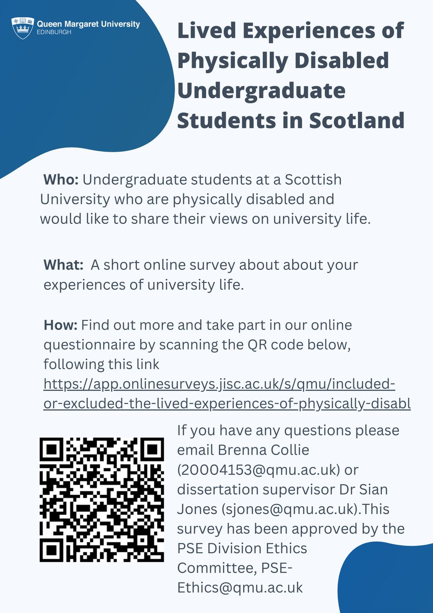 Dr_Sian_Jones's tweet image. My student, Brenna Collie and I want to hear from physically disabled undergraduate students in Scotland about their views on university life.
To take part in our survey, please follow this link: app.onlinesurveys.jisc.ac.uk/s/qmu/included…
Please re-post for us.
