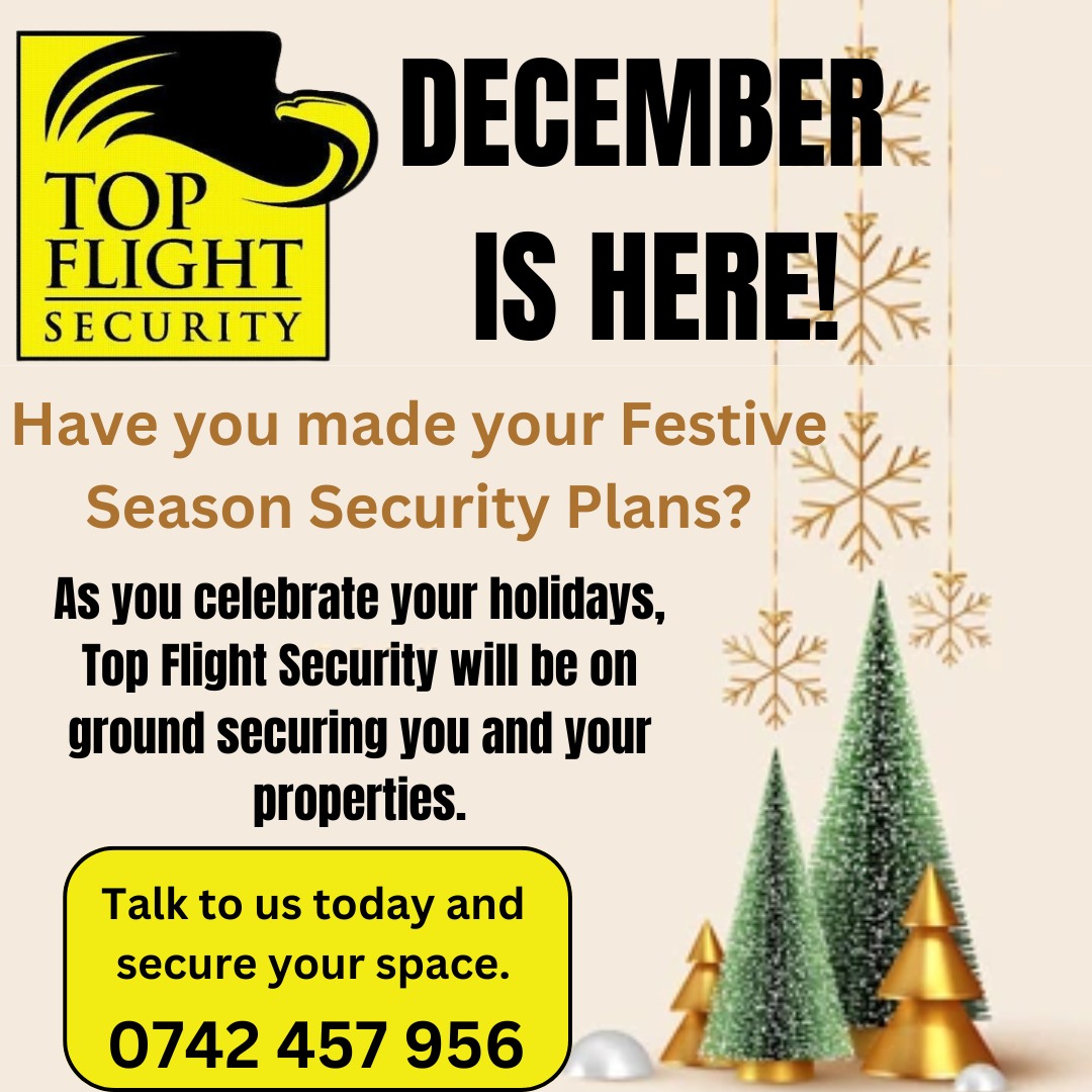 TopFlight_Sec's tweet photo. Secure your world this festive season with Top Flight Security!
Yours is to enjoy the holidays, ours is to watch over you😊.
Get in touch with us:
0742 457 956/0782 000 175
#holidayseason #SecuritySolutions #securityplans https://t.co/GBL4YWZn4x