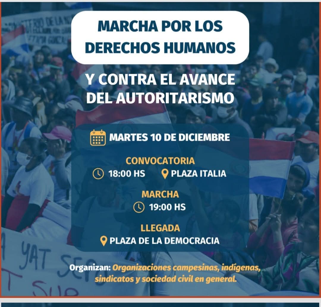 rtvparaguay's tweet photo. ⚠️Este 10 de diciembre convocan a marchar y alzar la voz por la justicia, la libertad y la dignidad.
📍 Convocatoria 18:00hs Plaza Italia
⏰ Marcha 19:00hs hasta Plaza de la Democracia
#DDhhPy #Marcha10Diciembre #AniveHaguaOiko https://t.co/8kyEP4H3si