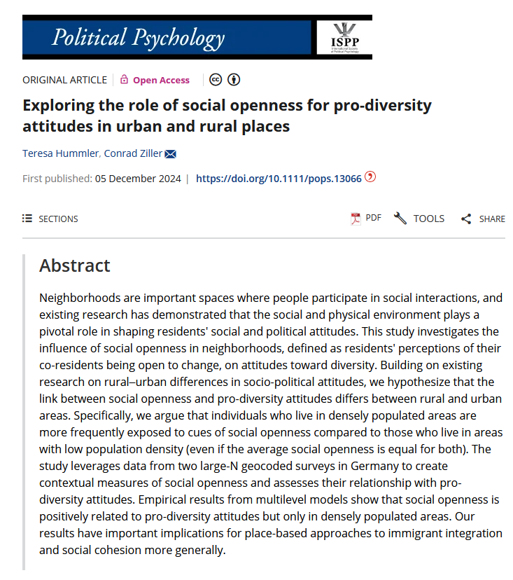 📢New publication with @ConradZiller in <a href="/Journal_PoPs/">Political Psychology</a> "Exploring the role of social openness for pro-diversity attitudes in urban and rural places"

onlinelibrary.wiley.com/doi/full/10.11…

🧵