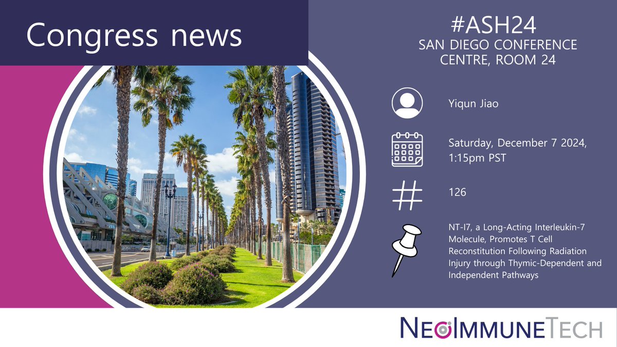 Don’t miss our oral presentation at #ASH24!

📅 7 Dec 2024
⏰ 1:15pm PST
📍 San Diego Convention Center, Room 24

Discover how NT-I7 promotes T cell recovery post-radiation injury. Join us! #TCellTherapeutics