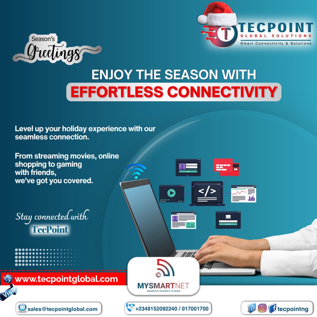 tecpoint_ng's tweet photo. Level up your holiday experience with seamless connectivity from TecPoint! From streaming movies to online shopping and gaming, we've got you covered.
#TecPoint #SmartConnectivity #SeamlessConnection #HolidaySeason #Christmas #NewYear #OnlineShopping #Streaming #Gaming #Internet https://t.co/t46r44oUBA