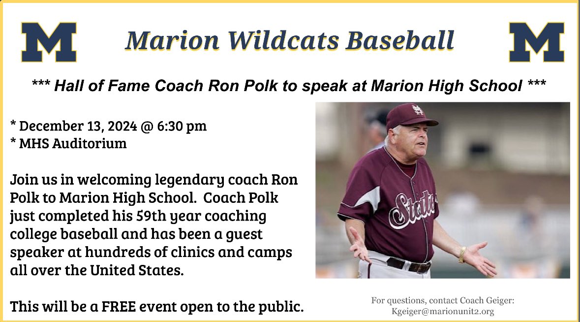 Marion Wildcats Baseball (@wildcats_bsbl) on Twitter photo We are 1 week away! Baseball lovers, come out and listen to one of the greatest to ever coach it. <a href="/MarionWildcats/">MHS Athletics</a> <a href="/WGGH_Radio/">WGGH Radio</a> <a href="/MarionHSIL/">Marion High School</a> We are 1 week away! Baseball lovers, come out and listen to one of the greatest to ever coach it. <a href="/MarionWildcats/">MHS Athletics</a> <a href="/WGGH_Radio/">WGGH Radio</a> <a href="/MarionHSIL/">Marion High School</a>