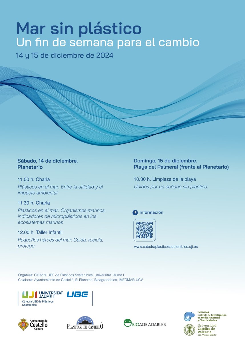 🌊 Fin de semana por un mar más limpio 🌍

Charlas, talleres infantiles y limpieza de playas en Castellón para concienciar sobre el impacto de los plásticos en el mar 🌱💙

¡Os esperamos!

#Sostenibilidad #MedioAmbiente #CuidemosElMar