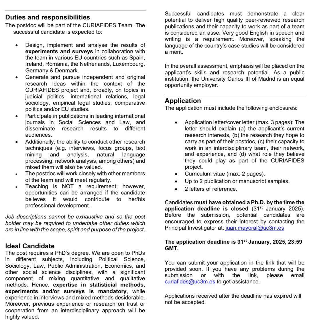 Juan A. Mayoral 🦋: @jamayoral.bsky.social (@jamayoralda) on Twitter photo 🚨🇪🇺⚖️ The <a href="/ERC_Research/">European Research Council (ERC)</a> <a href="/CURIAFIDES/">CURIAFIDES</a> project on trust and judicial cooperation is offering a postdoc position (3+1 years). Join our vibrant interdisciplinary research community at <a href="/ic3jm/">IC3JM · Carlos III - Juan March Institute</a> <a href="/MACIES_UC3M/">MACIES 🇪🇺</a> <a href="/uc3m/">UC3M</a>
• Expressions of interest: anytime
• Submissions deadline: 31/01/2025 🚨🇪🇺⚖️ The <a href="/ERC_Research/">European Research Council (ERC)</a> <a href="/CURIAFIDES/">CURIAFIDES</a> project on trust and judicial cooperation is offering a postdoc position (3+1 years). Join our vibrant interdisciplinary research community at <a href="/ic3jm/">IC3JM · Carlos III - Juan March Institute</a> <a href="/MACIES_UC3M/">MACIES 🇪🇺</a> <a href="/uc3m/">UC3M</a>
• Expressions of interest: anytime
• Submissions deadline: 31/01/2025