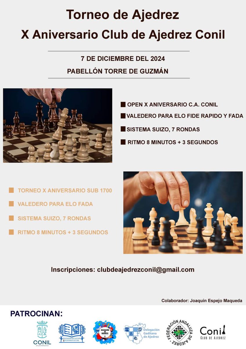 𝑻𝒐𝒓𝒏𝒆𝒐 𝒅𝒆 𝑨𝒋𝒆𝒅𝒓𝒆𝒛 𝑿 𝑨𝒏𝒊𝒗𝒆𝒓𝒔𝒂𝒓𝒊𝒐 𝑪𝒍𝒖𝒃 𝒅𝒆 𝑨𝒋𝒆𝒅𝒓𝒆𝒛 𝑪𝒐𝒏𝒊𝒍

📜𝐕𝐚𝐥𝐞𝐝𝐞𝐫𝐨 𝐩𝐚𝐫𝐚 𝐄𝐋𝐎 𝐅𝐈𝐃𝐄 𝐑𝐚́𝐩𝐢𝐝𝐨 𝐲 𝐅𝐀𝐃𝐀

📅Sábado 7 de diciembre del 2024 a partir de las 10:00

Bases del torneo 👉 acortar.link/JQUART
