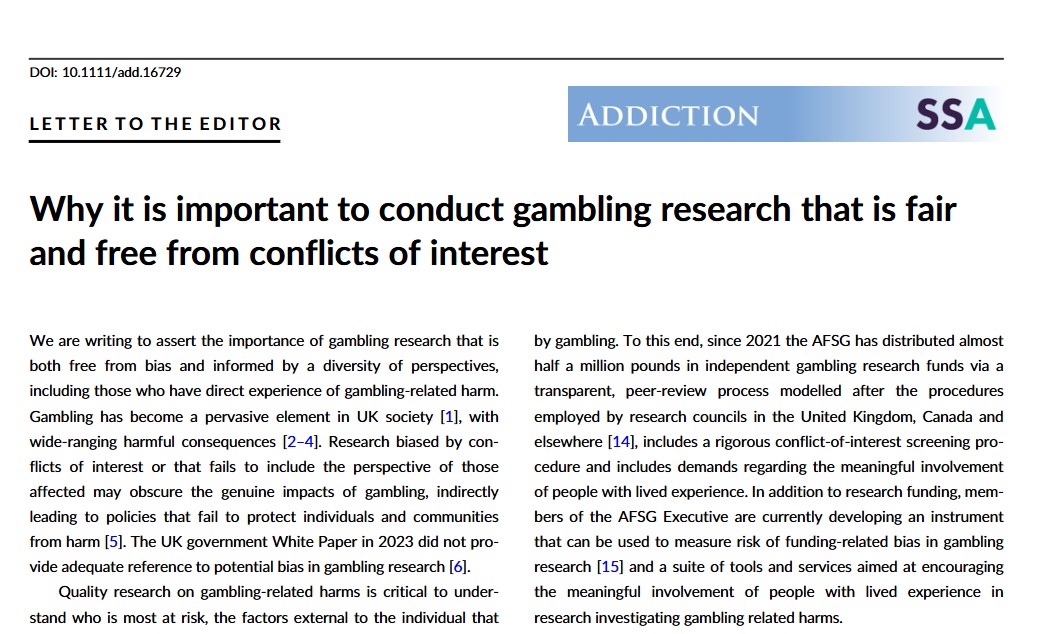 Academic Forum for the Study of Gambling (AFSG) (@afsguk) on Twitter photo 'Why it is important to conduct gambling research that is fair and free from conflicts of interest'. Our letter to <a href="/AddictionJrnl/">Addiction Journal</a> is available now. onlinelibrary.wiley.com/share/author/W… 'Why it is important to conduct gambling research that is fair and free from conflicts of interest'. Our letter to <a href="/AddictionJrnl/">Addiction Journal</a> is available now. onlinelibrary.wiley.com/share/author/W…