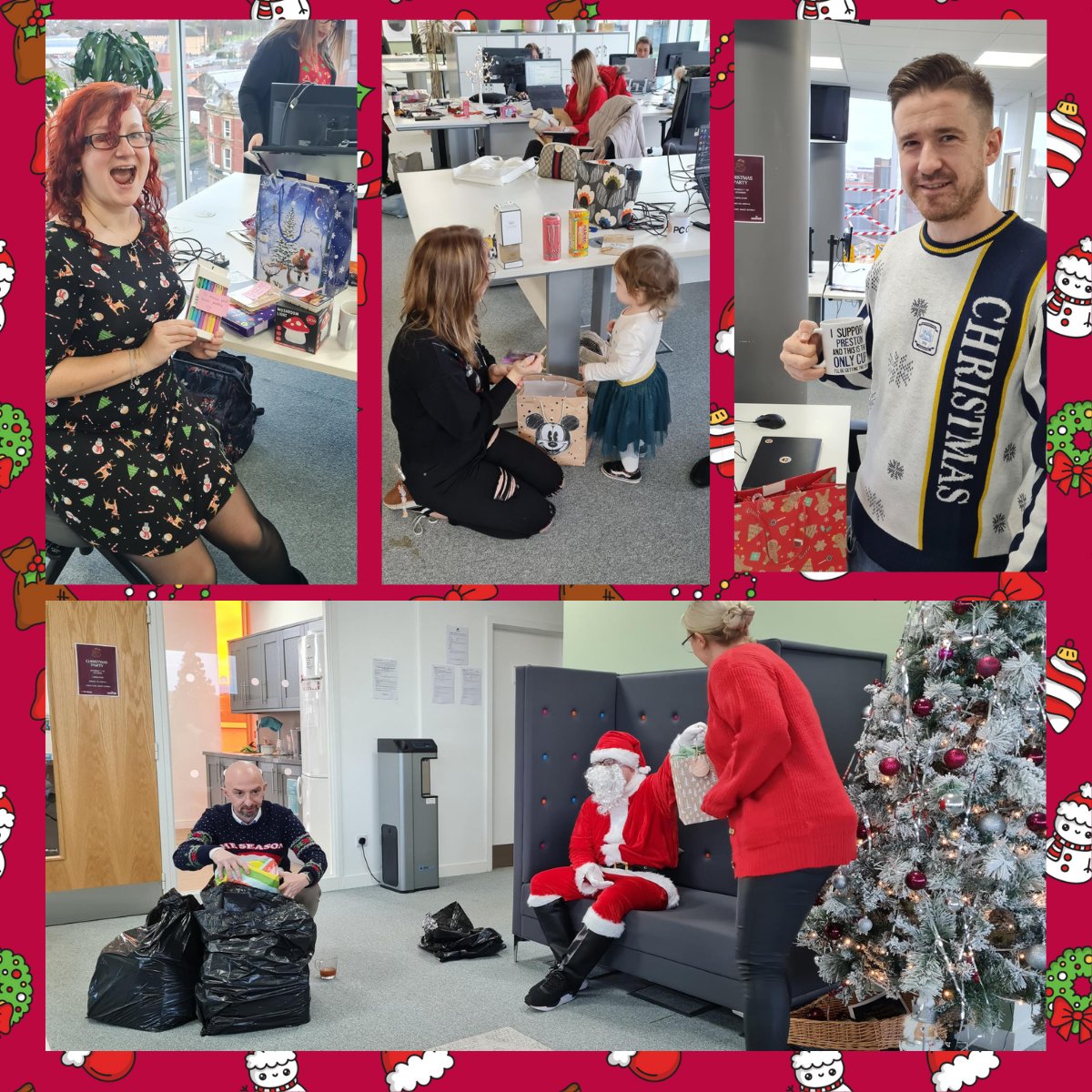 dbscheck's tweet image. Secret santa has been and gone and the team are all overjoyed with their haul!

Even the ones that look like scrooges are actually very happy (we promise!)

We've had everything from Lego to wine, through to very accurate cups aimed at PNEs chances of silverware 🤣🎅