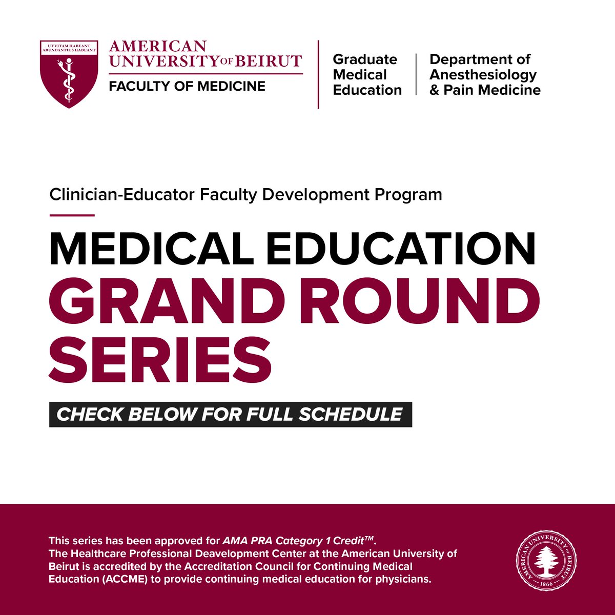 AUB_FM's tweet photo. The Graduate Medical Education (GME) Office, in partnership with the Department of Anesthesiology and Pain Medicine , is pleased to announce the launch of the “1st Medical Education Grand Round Series”.

 Register now through this link: https://t.co/goNinA7lld https://t.co/YeOC9RImKL
