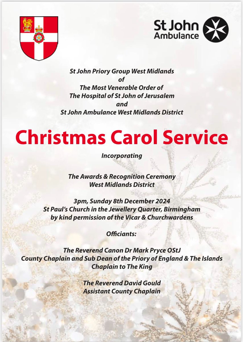 St John Priory Group - West Midlands (@stjohn_westmids) on Twitter photo Just 2 days until our <a href="/SJAWMids/">SJA West Midlands District</a> District Carol Service at the wonderful <a href="/StPaulsChurchJQ/">St. Paul's Church - JQ</a>.
We look forward to welcoming <a href="/WMLieutenancy/">WMLieutenancy</a>, @HighSheriffWM24, <a href="/BrumLordMayor/">Lord Mayor of Birmingham</a> and civic guests from across the West Midlands.
Please do come and join us.
<a href="/stjohnambulance/">St John Ambulance England</a> <a href="/StJohnEngland/">St John England</a> Just 2 days until our <a href="/SJAWMids/">SJA West Midlands District</a> District Carol Service at the wonderful <a href="/StPaulsChurchJQ/">St. Paul's Church - JQ</a>.
We look forward to welcoming <a href="/WMLieutenancy/">WMLieutenancy</a>, @HighSheriffWM24, <a href="/BrumLordMayor/">Lord Mayor of Birmingham</a> and civic guests from across the West Midlands.
Please do come and join us.
<a href="/stjohnambulance/">St John Ambulance England</a> <a href="/StJohnEngland/">St John England</a>