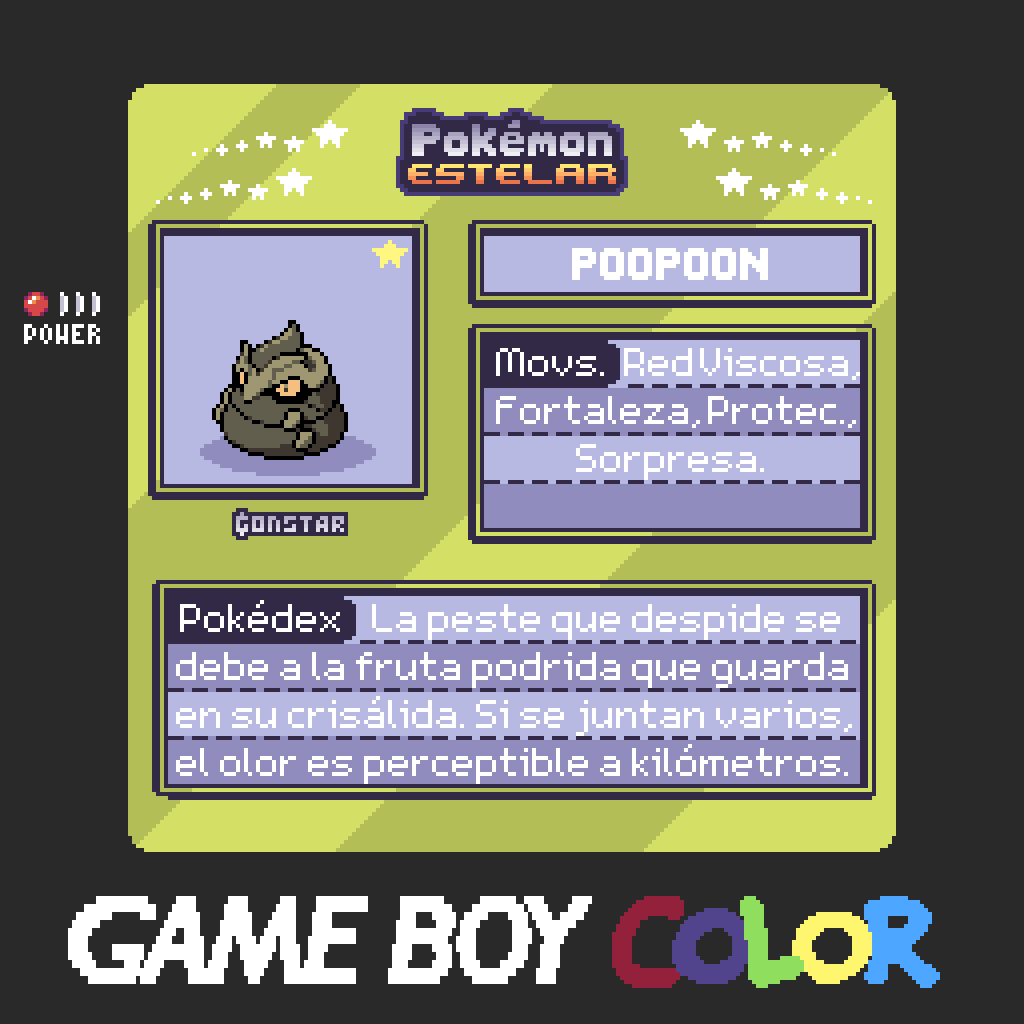 Poopoon, la evolución de Chumbicho, el Pkmn Engañoso de tipo Bicho.

A pesar de que emula el aspecto y el olor de un excremento, no es muy convincente debido a su gran tamaño.
Se alimenta de fruta podrida para acumular energía y así poder evolucionar.