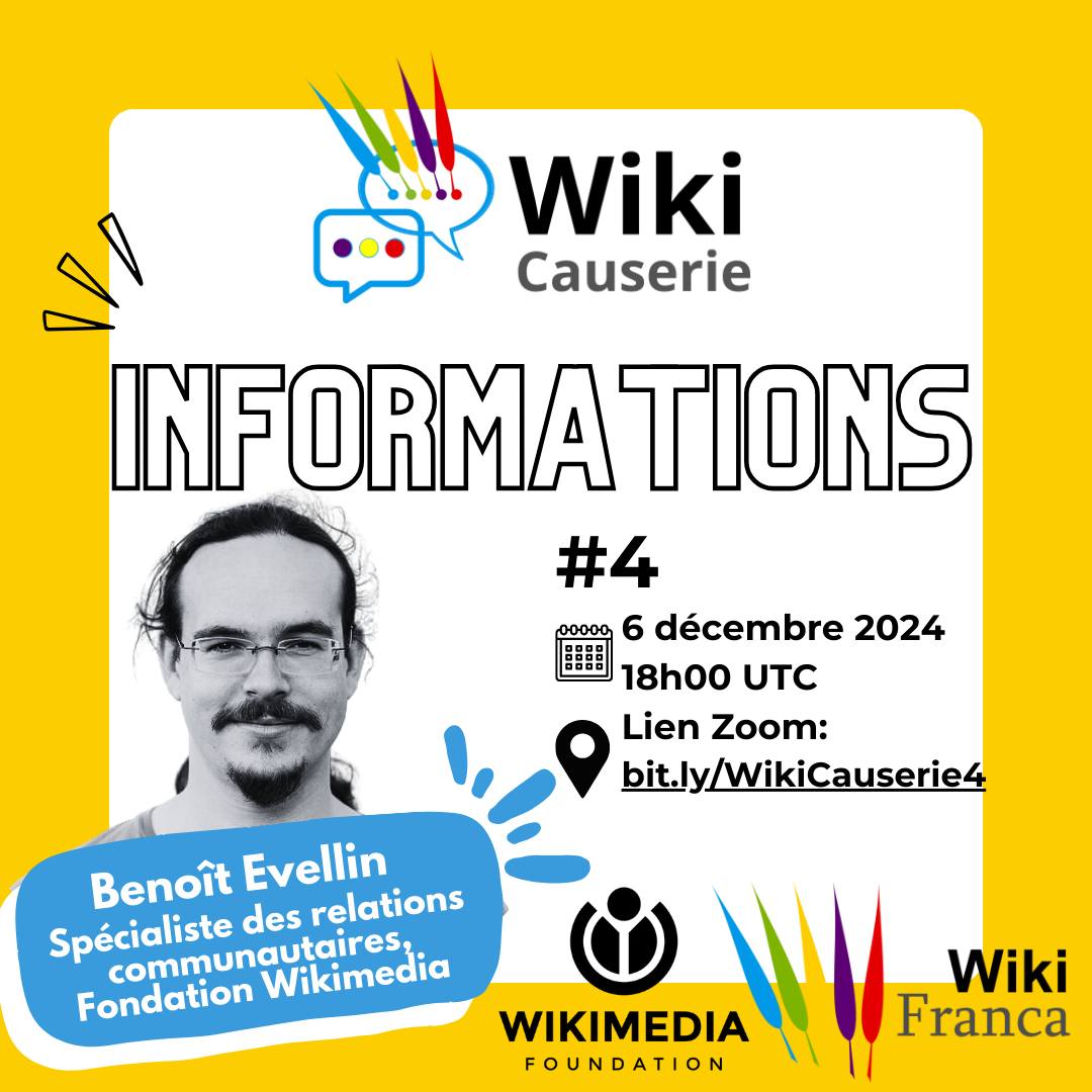 WikiFranca (@wikifranca) on Twitter photo On garde les bonnes habitudes : Benoît Evellin, spécialiste des relations communautaires, revient avec les dernières mises à jour pour cette #WikiCauserie !
📅 RDV aujourd'hui le 6 déc. 2024 à 18h UTC 👉 bit.ly/WikiCauserie4 On garde les bonnes habitudes : Benoît Evellin, spécialiste des relations communautaires, revient avec les dernières mises à jour pour cette #WikiCauserie !
📅 RDV aujourd'hui le 6 déc. 2024 à 18h UTC 👉 bit.ly/WikiCauserie4