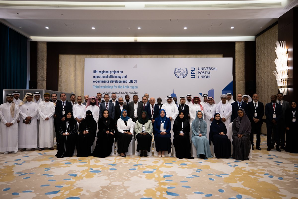 UPU_UN's tweet photo. 📍Doha, Qatar: The UPU #ORE3 Workshop brought together postal experts from 20+ #Arab countries to drive efficiency, innovation & customer focus in regional postal services.
Sessions covered enhanced tracking, improved service quality, #EMS, #PostalSecurity & #addressing. https://t.co/lOdhdCPENi