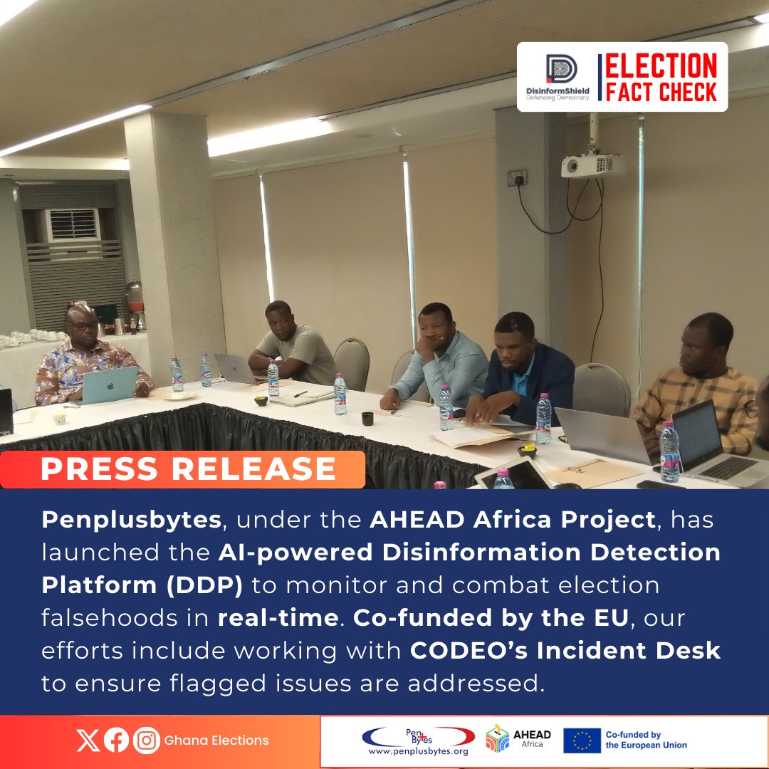Penplusbytes has launched the AI-powered Disinformation Detection Platform (DDP) to monitor &amp; combat election falsehoods in real-time.
Learn more about how we’re defending democracy: bit.ly/41i4Ij3

#GhanaElections 
#VerifyWithDDP 
#GhanaDecides2024
#AHEADAfricaProject