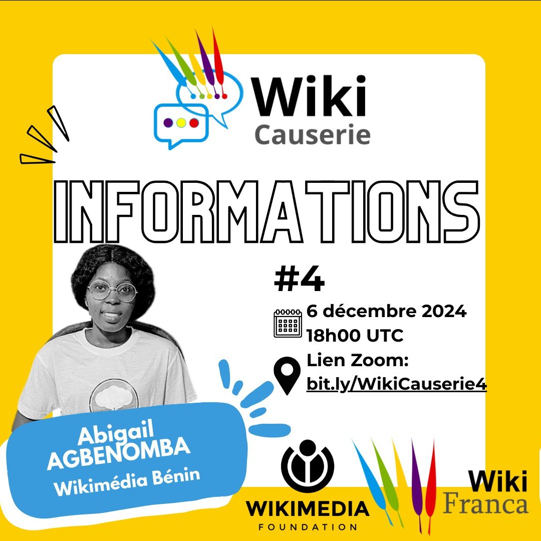 WikiFranca (@wikifranca) on Twitter photo Mois de la Contribution Francophone :
Avec Abigail Agbenomba (Wikimedia Bénin) lors de cette #WikiCauserie
📅 RDV tout à l'heure ce 6 déc. 2024 à 18h UTC pour des mises à jour exclusives 👉 bit.ly/WikiCauserie4 Mois de la Contribution Francophone :
Avec Abigail Agbenomba (Wikimedia Bénin) lors de cette #WikiCauserie
📅 RDV tout à l'heure ce 6 déc. 2024 à 18h UTC pour des mises à jour exclusives 👉 bit.ly/WikiCauserie4