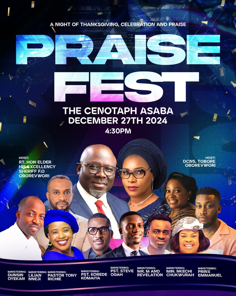 offpraisefest's tweet photo. Get ready, Asaba! Join us for a Night of Thanksgiving &amp; Praise on Dec 27, 2024, at The Cenotaph, Asaba, at 4:30 PM!

Experience powerful ministrations from anointed ministers like Min. Dunsin Oyekan, Min. Lilian Nneji, &amp; more,

Don’t miss it! 

#PraiseFest2024 https://t.co/RSraZPA7aE