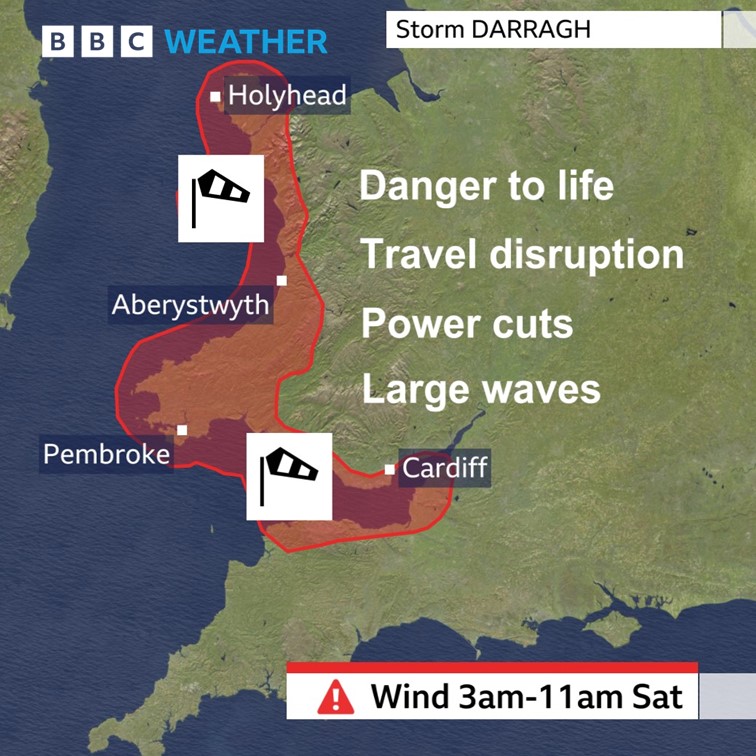 Western parts of Wales and the Bristol Channel are at most risk of seeing damaging wind gusts on Saturday #StormDarragh 

Keep up to date with your weather here: bbc.in/4iqvQTc