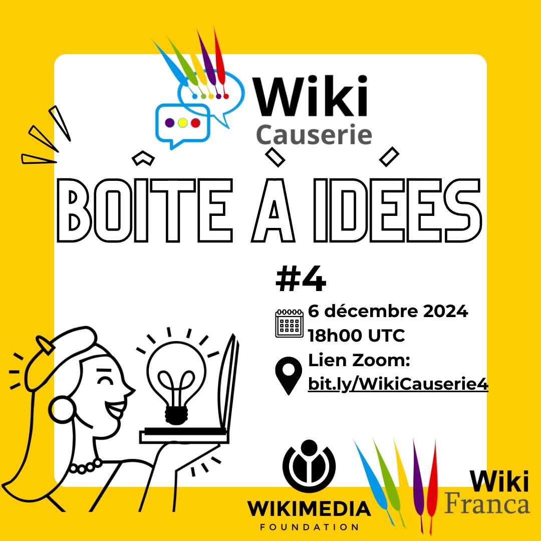 WikiFranca (@wikifranca) on Twitter photo Boîtes à Idées : partagez vos suggestions pour améliorer la #WikiCauserie !
📅 RDV tout à l'heure ce 6 déc. 2024 à 18h UTC pour la dernière édition de l’année 👉 bit.ly/WikiCauserie4 Boîtes à Idées : partagez vos suggestions pour améliorer la #WikiCauserie !
📅 RDV tout à l'heure ce 6 déc. 2024 à 18h UTC pour la dernière édition de l’année 👉 bit.ly/WikiCauserie4