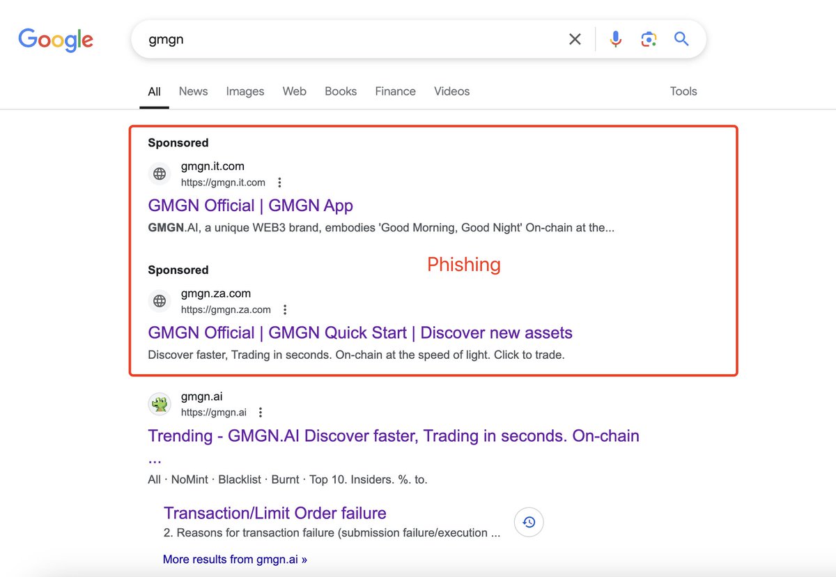 realScamSniffer's tweet photo. 🚨 Security Alert: We've detected phishing ads impersonating GMGN on Google!

These scam ads could steal your assets if you click them &amp; connect wallet &amp; sign transactions. https://t.co/MWC6gyuUwz