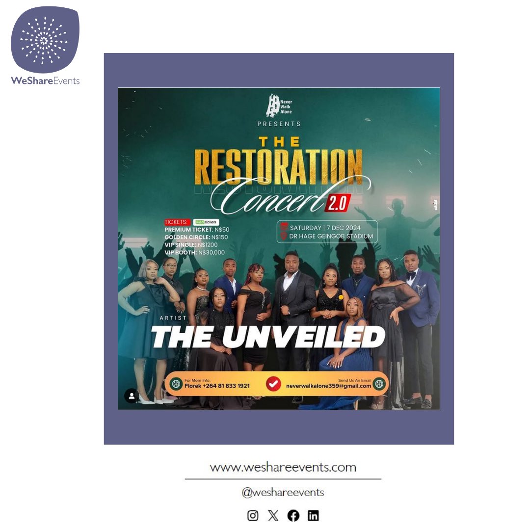 weshareevents's tweet photo. The Restoration Concert by The Unveiled right here in Windhoek is a must to attend🤩
#weshareevents #events #music #windhoek https://t.co/WzTx2numUH