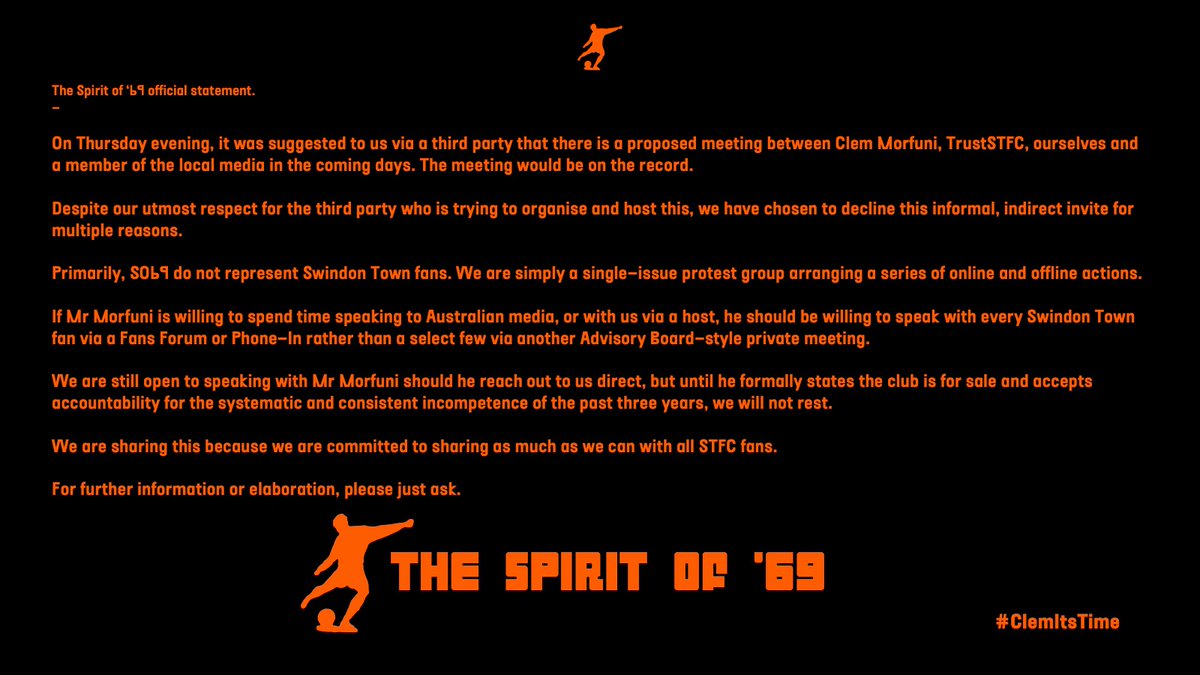 🔶🔶UPDATE🔶🔶

Despite our utmost respect for most of the parties involved, we have declined an indirect invite to a hosted meeting with Clem Morfuni.

Further details below.

#STFC🍊#ClemItsTime