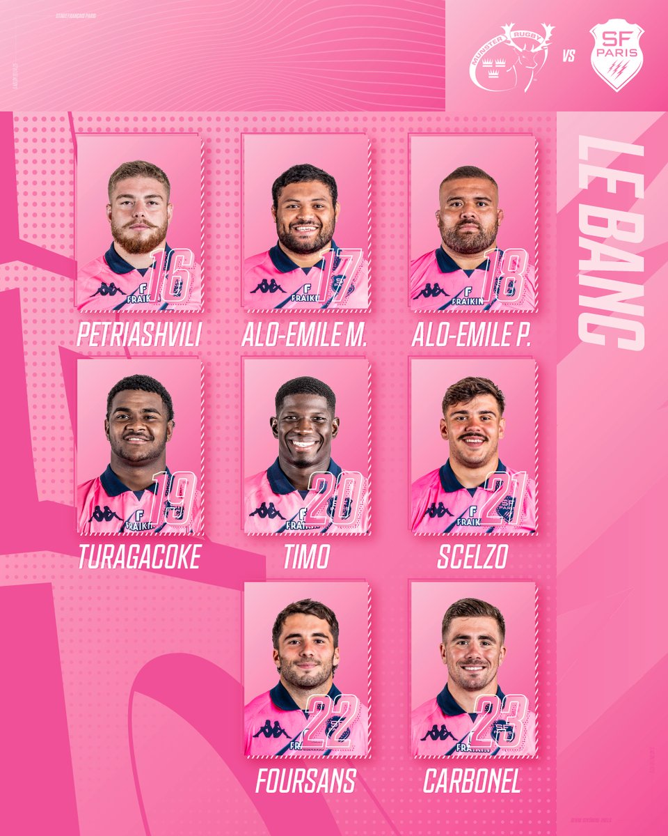 SFParisRugby's tweet photo. 🌸 𝙇𝘼 𝘾𝙊𝙈𝙋𝙊
Découvrez les 23 Parisiens alignés face au Munster, samedi à 18:30 💥
@RyanChp capitaine💯
#MUNSFP | avec ℝ𝕖𝕩𝕖𝕝 https://t.co/29uzREldJ6