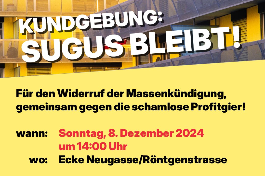 Es bewegt sich was: Kundgebung gegen die Massenkündigung bei den Sugus-Häusern diesen Sonntag um 14.00! Bewilligt.

Frau Bachmann, nehmen Sie die Kündigung zurück!