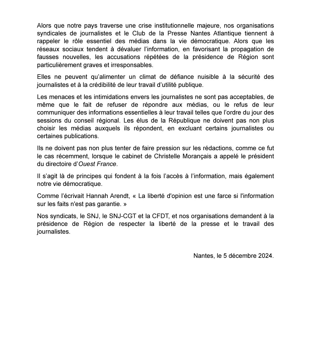 Des nouvelles de la liberté d'informer dans les Pays de la Loire 👁 
Menaces, intimidations, pressions sur les rédactions, refus de répondre ou communiquer des informations, la stratégie de silence et censure de la présidente de Région doit cesser 
😡😡😡 
snj.fr/la-presidente-…