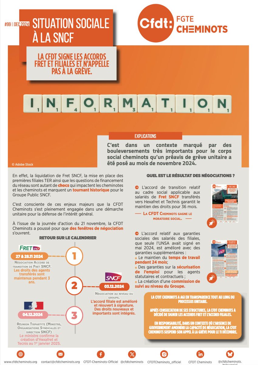 E-TRACT || Situation sociale à la SNCF 🚅 || La CFDT signe les accords FRET et filiales et n'appelle pas à la grève ‼️ 
📎 buff.ly/3Vp7aAt
