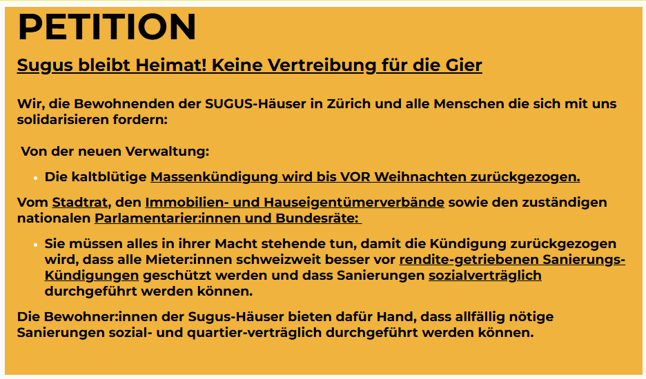 Die Sugus-Bewohner*innen haben eine Petition lanciert: 
Schon fast 10'000 Unterzeichnende! 😮

Auch unterschreiben: mailchi.mp/8cd5c9dbaf30/s…