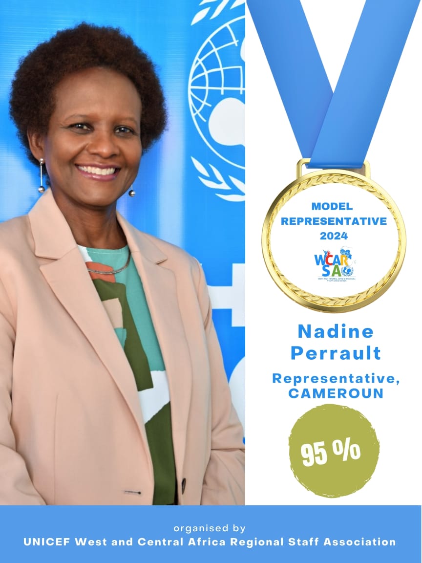 unicefcameroon's tweet photo. Exciting news: our @unicefcameroon representative has been nominated as the Model Representative by the @UNICEF  West and Central Africa Regional Staff Association, receiving 95% of the votes. Congratulations, @NPerraultUNICEF! 
#ForEveryChild, Excellence https://t.co/QL2iwOjsVW