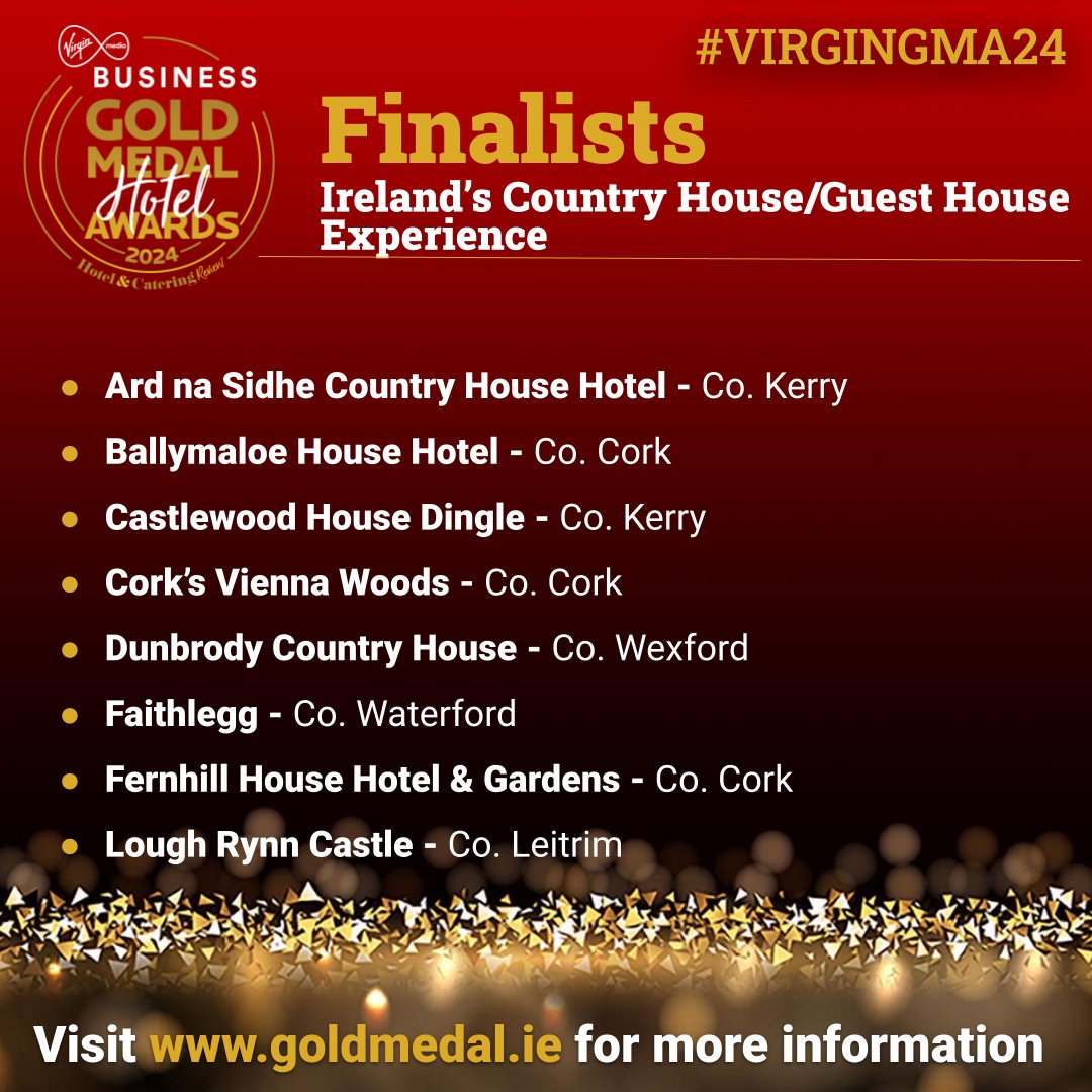 Hotel&CateringReview (@hc_review) on Twitter photo We are delighted to announce the finalists of Ireland’s Country House / Guest House Experience
<a href="/LoughRynnCastle/">Lough Rynn Castle Estate & Gardens</a>
<a href="/DunbrodyHouse/">Dunbrody House Hotel</a>
<a href="/castlewoodhouse/">Castlewood House</a>
<a href="/CorkViennaWoods/">Cork's Vienna Woods Hotel & Villas</a>
<a href="/MarlfieldHouse/">Marlfield House</a>
<a href="/Faithlegghouse/">Faithlegg Hotel</a>
For full list of finalists, click here
goldmedal.ie/2024/12/2024-f…
#VIRGINGMA24 We are delighted to announce the finalists of Ireland’s Country House / Guest House Experience
<a href="/LoughRynnCastle/">Lough Rynn Castle Estate & Gardens</a>
<a href="/DunbrodyHouse/">Dunbrody House Hotel</a>
<a href="/castlewoodhouse/">Castlewood House</a>
<a href="/CorkViennaWoods/">Cork's Vienna Woods Hotel & Villas</a>
<a href="/MarlfieldHouse/">Marlfield House</a>
<a href="/Faithlegghouse/">Faithlegg Hotel</a>
For full list of finalists, click here
goldmedal.ie/2024/12/2024-f…
#VIRGINGMA24