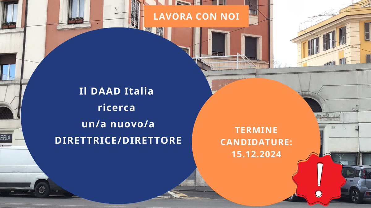 DAADRoma's tweet photo. Vi ricordiamo l'approssimarsi della scadenza per candidarsi alla posizione di direttore/direttrice del Centro Informazioni DAAD di Roma:

La documentazione dovrà essere inviata all’indirizzo karriere@daad.de entro il 15.12.2024

Tutti i dettagli qui: https://t.co/OJvUJupQo0 https://t.co/0PTilOXsKP