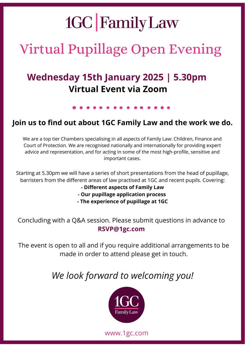 Join us for our virtual pupillage open evening on Wednesday 15th January. Gain an insight into a career in family law, the application process and the experience of pupillage at 1GC Family Law and beyond. 

Register here: 1gc.zoom.us/webinar/regist…