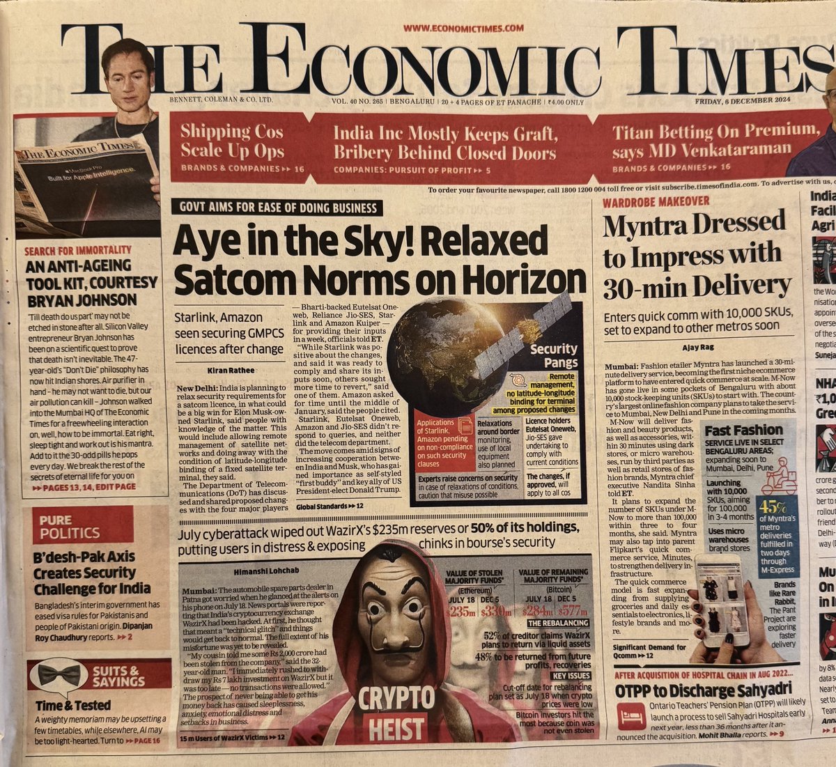 bryan_johnson's tweet photo. "The Hitchhiker's Guide to Immortality"  is how India graciously welcomed me this week. The people were kind, generous, and curious. 

They leaned into Don't Die, eager to learn and comprehend.  I discovered their culture of bakchodi and discovered we have a lot in common: take your work seriously, not yourself.

India is hungry for life, youthful and open-minded. 

The country has a rich history. Closest to my heart, in the 7th century, Indian mathematician Brahmagupta was the first to define zero as a number in its own right and describe its mathematical operations. 

Zero is among the most significant discoveries in history, not only in mathematics but physics, astronomy, philosophy, computing, cryptography, accounting, logic, robotics, navigation and timekeeping. 

Our modern world wouldn't be possible without it. Don't Die wouldn't be possible without it.  Zero is also foundational to my zeroth principle thinking and Zeroism. 

It was a busy week: 
+ 6 podcasts
+ 2 cities
+ 88 press write ups 
+ spent time with some of Asia’s most influential people
+ public events that were 10x sold out
+ hosted private gatherings with leaders in business, politics, health, and culture.
+ a spread in the country's largest english speaking newspaper, The Economic Times

India thank you for having me. I hope to return soon.
