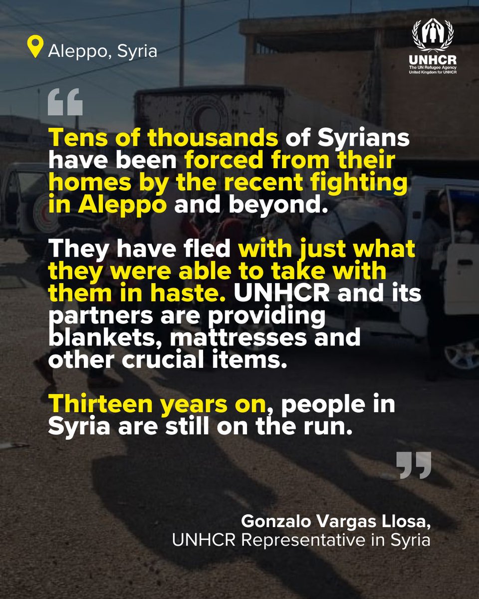 UNRefugeesUK's tweet photo. Unimaginable.

After almost 14 years of conflict, #Syrians are fleeing once more.

Escalating fighting has displaced tens of thousands in northwest Syria, including Aleppo.

UNHCR is delivering urgent aid, but more help is needed. Donate now: https://t.co/Hv21S8qMOk https://t.co/OTpetStamq