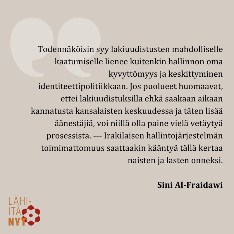 lahiitanyt's tweet photo. "Irakilaisen hallintojärjestelmän toimimattomuus saattaakin kääntyä tällä kertaa naisten ja lasten onneksi.", kirjoittaa Sini Al-Fraidawi uudessa Lähi-itä NYT -blogikirjoituksessa.